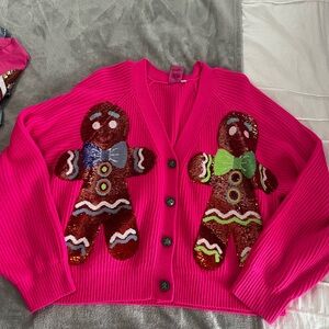 QUEEN OF SPARKLES Pink Cardigan with Sequin Gingerbread Design